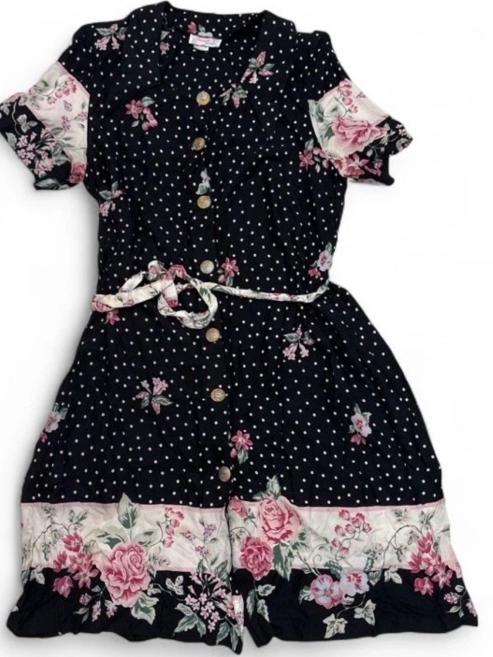 Vintage 80s Annia's Originals Polka Dot Floral Dress Shoulder Pads M/L